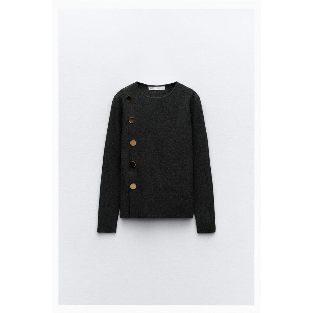 Gray Zara Round Neck Gold Button Trim Ribbed Knit Pullover Sweater (NWT)